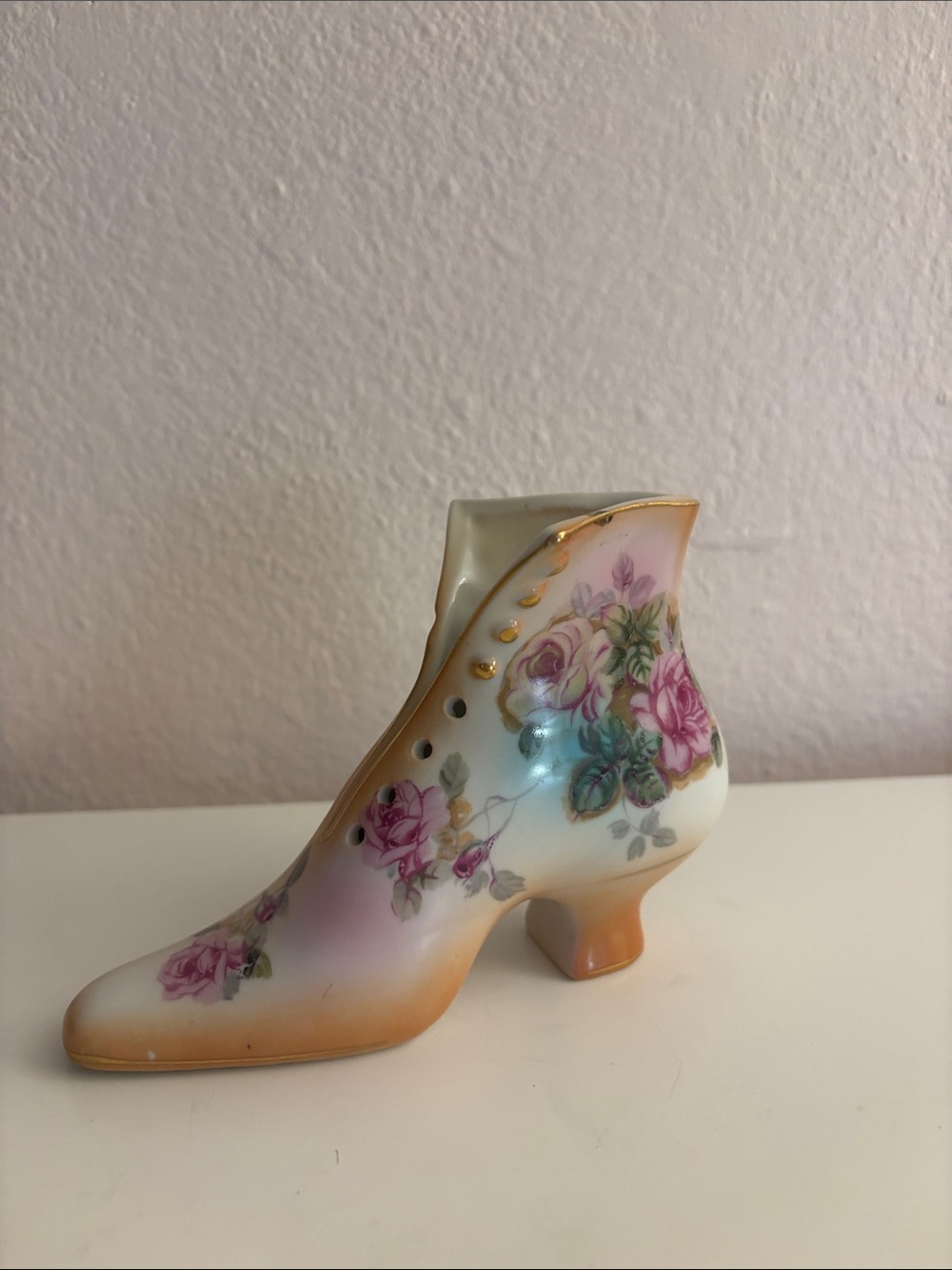 R S Vintage Floral High-Top Heeled Shoe Figurine - Pink and Gold Accent